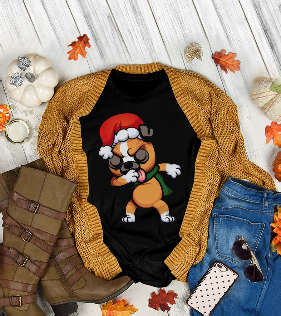 Dabbing Boxer Santa Dog Cartoon with Christmas Hat and Scarf T-Shirt