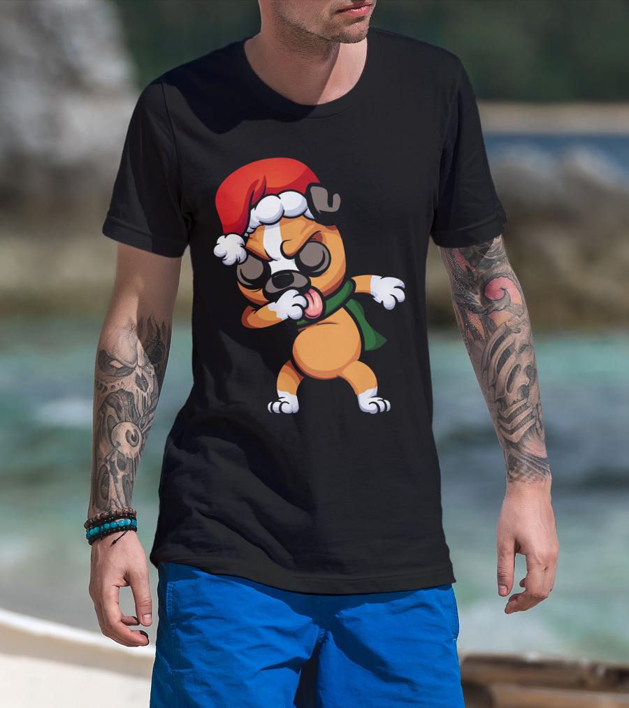 Dabbing Boxer Santa Dog Cartoon With Christmas Hat And Scarf T-Shirt