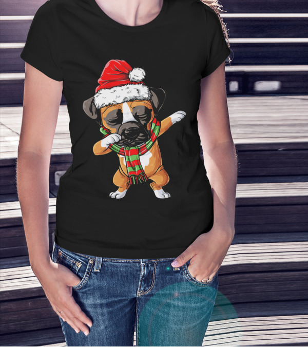 Boxer Dog Dabbing Santa Hat Christmas Scarf T-Shirt