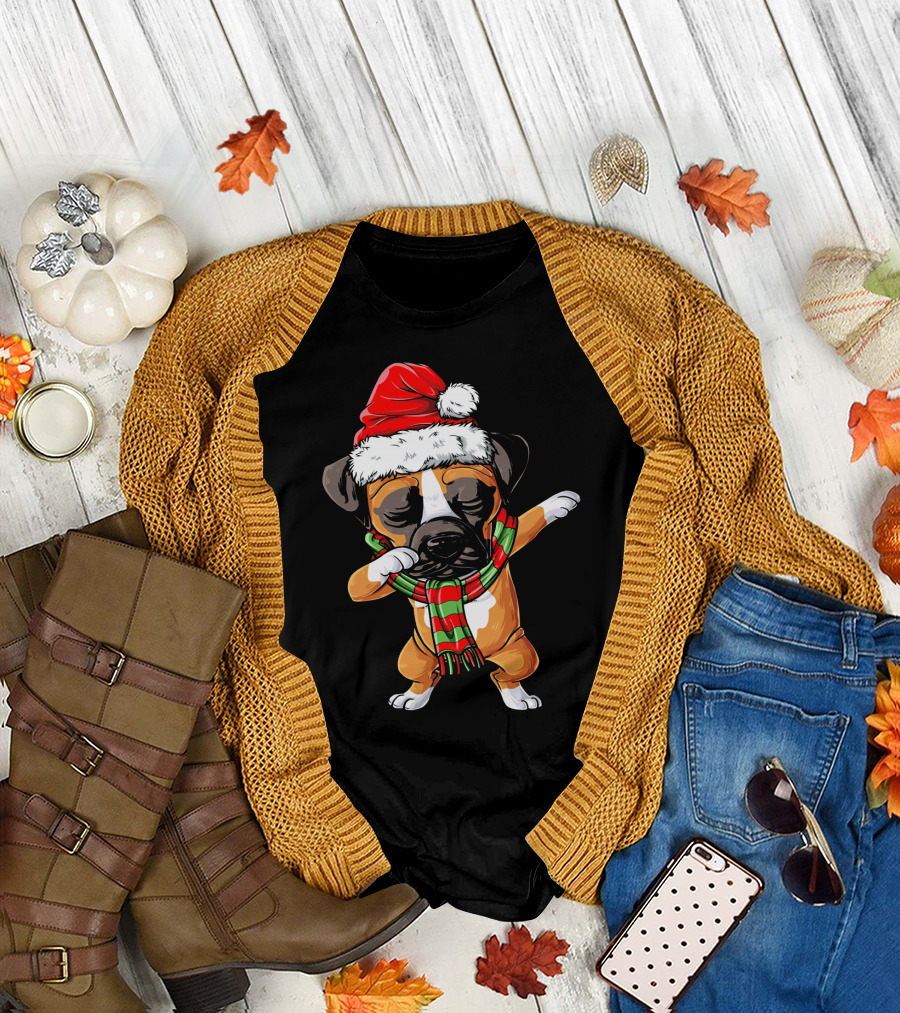 Boxer Dog Dabbing Santa Hat Christmas Scarf T-Shirt