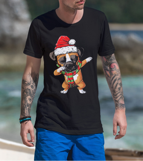Boxer Dog Dabbing Santa Hat Christmas Scarf T-Shirt