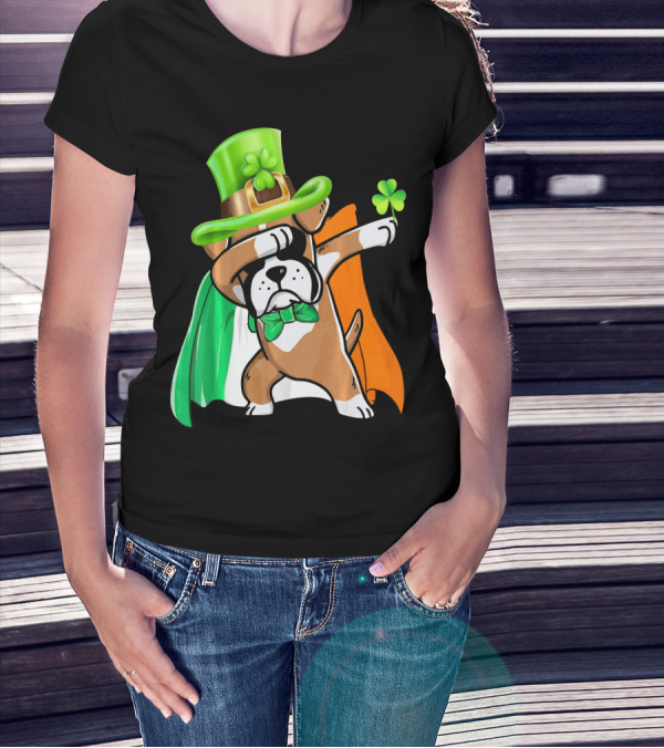 Lucky Boxer Dabbing With Irish Flag And Shamrock Hat T-Shirt