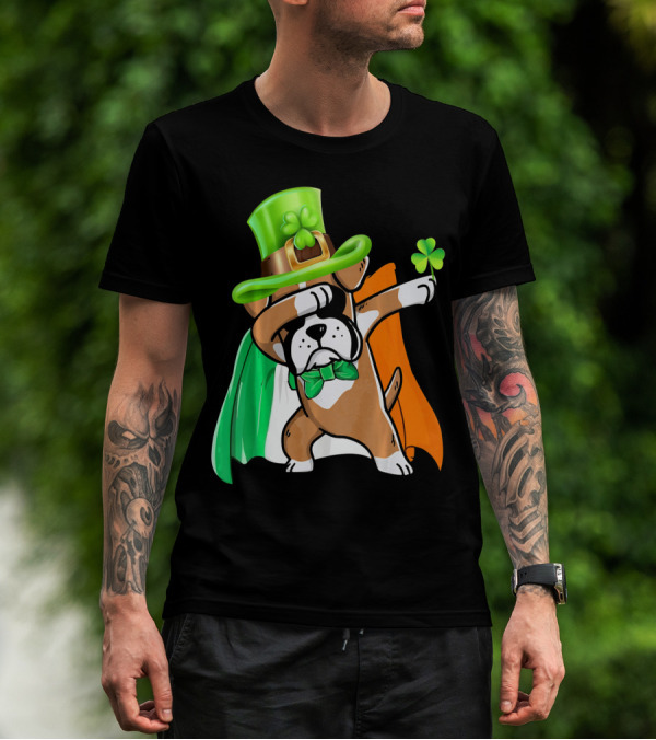 Lucky Boxer Dabbing With Irish Flag And Shamrock Hat T-Shirt