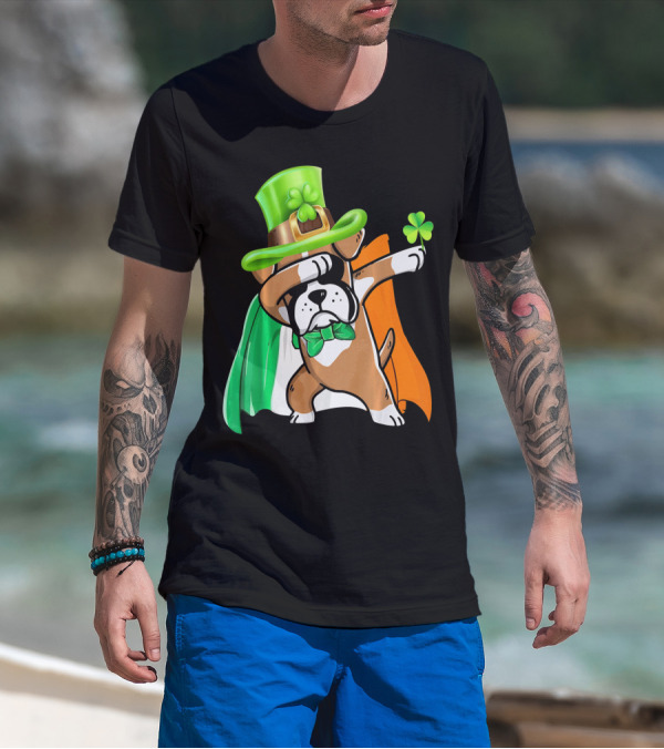 Lucky Boxer Dabbing With Irish Flag And Shamrock Hat T-Shirt