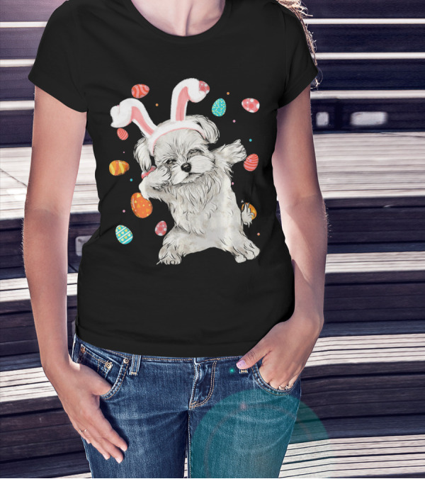 Dabbing Maltese Dog With Easter Bunny Ears And Colorful Eggs T-Shirt