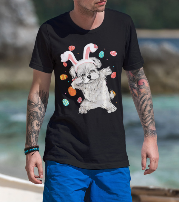 Dabbing Maltese Dog With Easter Bunny Ears And Colorful Eggs T-Shirt