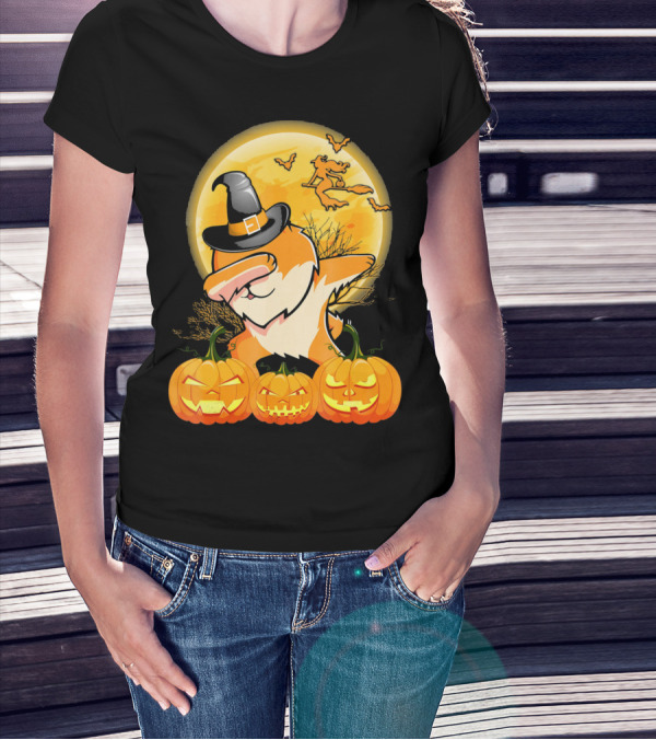 Dabbing Pomeranian Dog Halloween Pumpkin Witch Moon T-Shirt