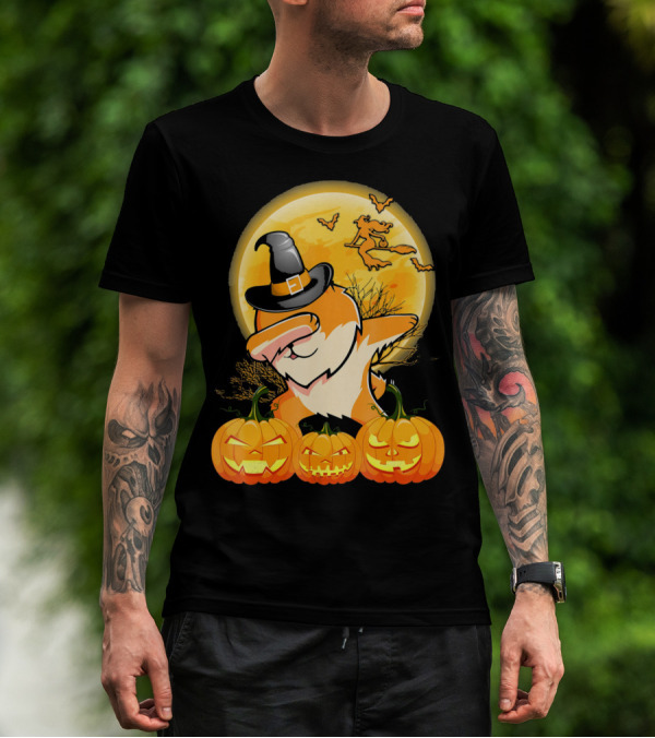 Dabbing Pomeranian Dog Halloween Pumpkin Witch Moon T-Shirt
