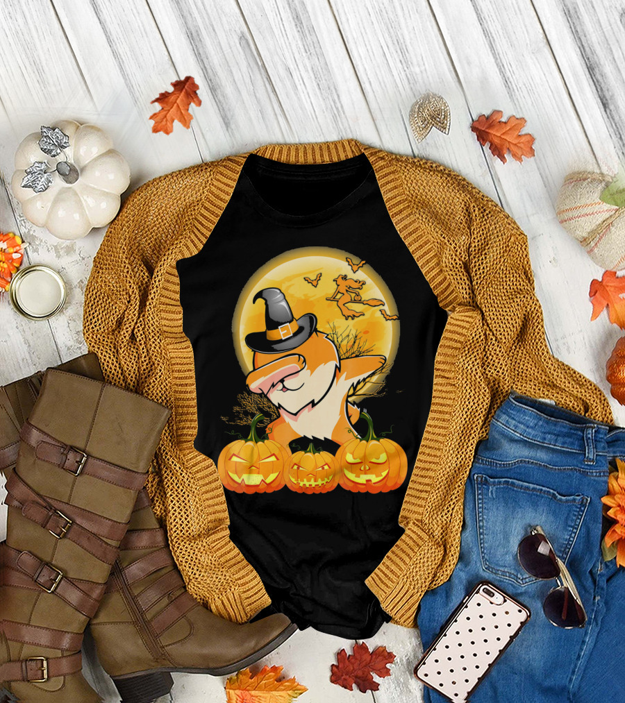 Dabbing Pomeranian Dog Halloween Pumpkin Witch Moon T-Shirt