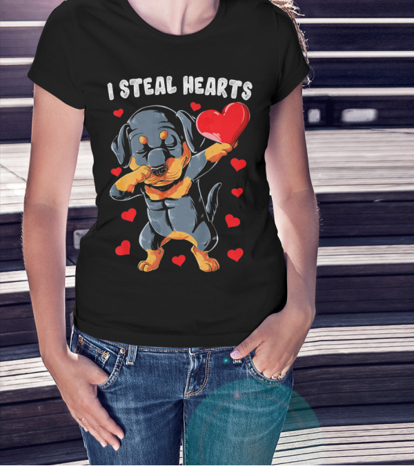 Dabbing Rottweiler Holding Heart Surrounded By I Steal Hearts Text T-Shirt