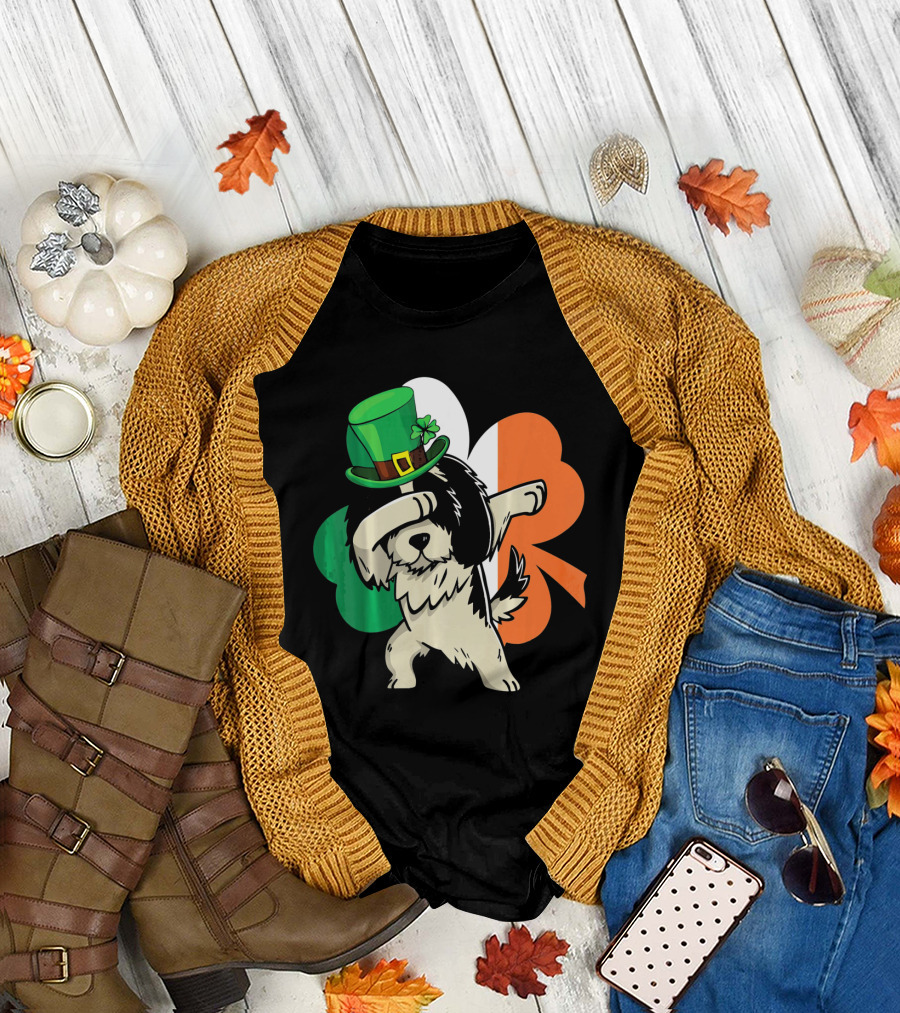 Dabbing Shih Tzu Shamrock Irish Hat Flag T-Shirt