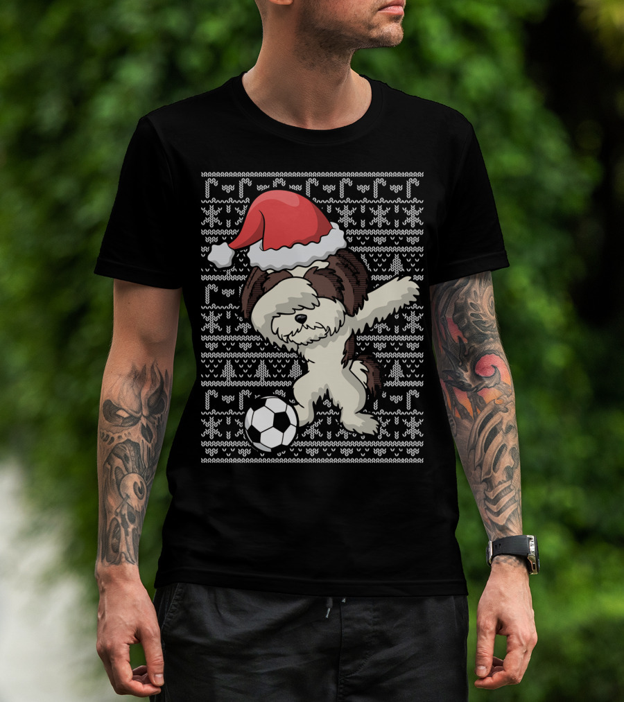 Santa Hat Dabbing Shih Tzu Soccer Ball Holiday Knit T-Shirt