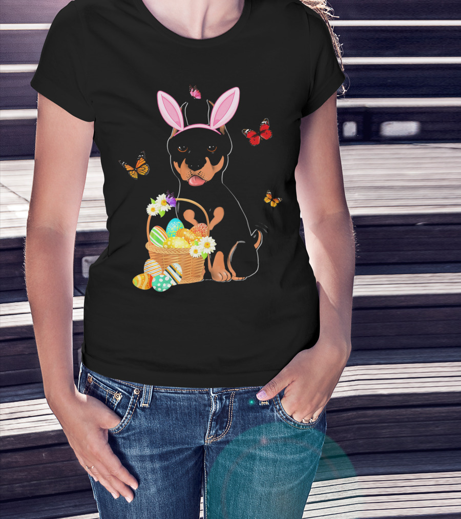 Doberman Bunny Hat Rabbit With Basket Of Easter Eggs And Butterflies T-Shirt