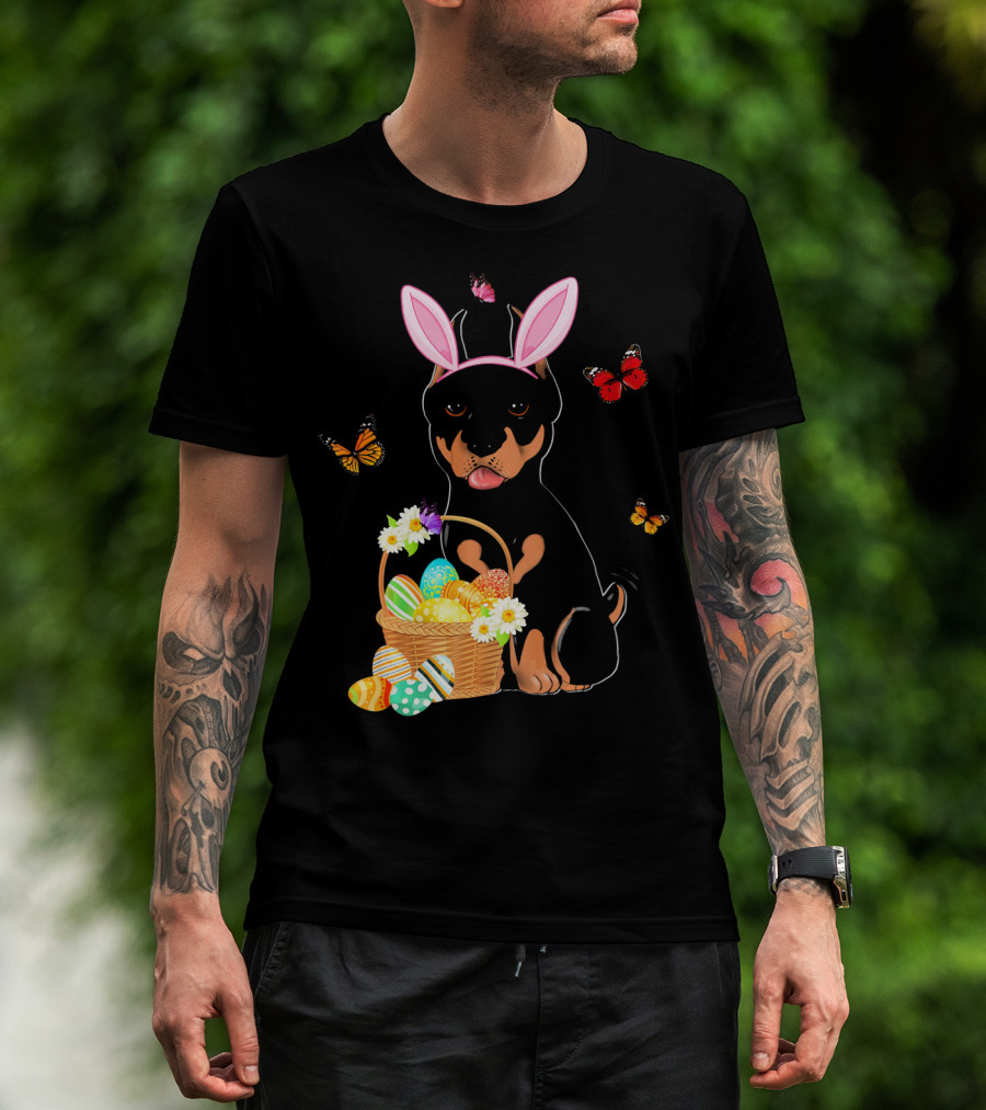 Doberman Bunny Hat Rabbit With Basket Of Easter Eggs And Butterflies T-Shirt
