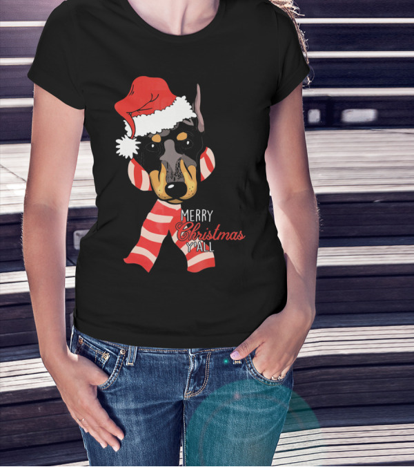 Merry Christmas Y'all Doberman Dog With Santa Hat And Candy Cane Stripes T-Shirt