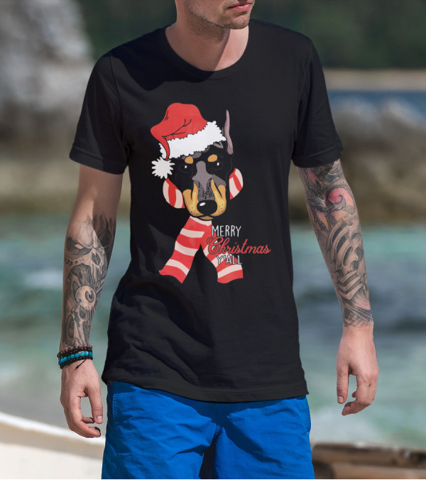 Merry Christmas Y'all Doberman Dog With Santa Hat And Candy Cane Stripes T-Shirt