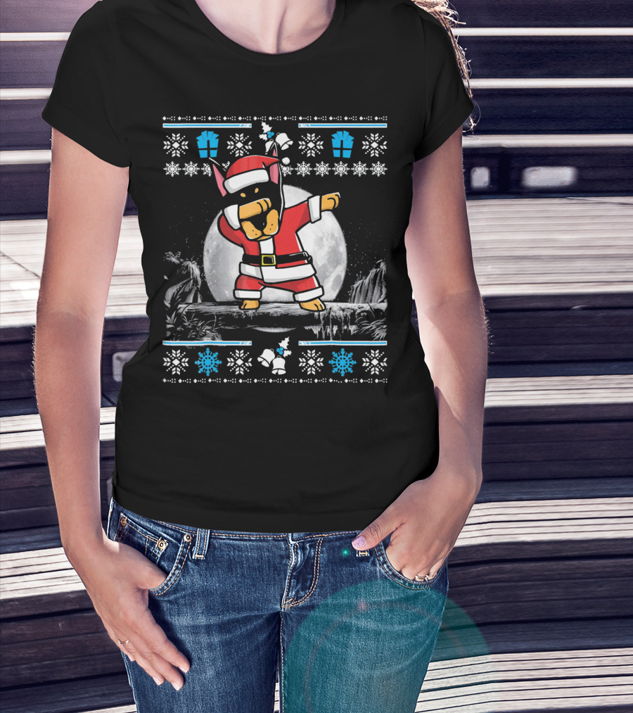 Doberman Pinscher Santa Claus Dabbing Christmas Sweater Moon Snowflake Gift T-Shirt