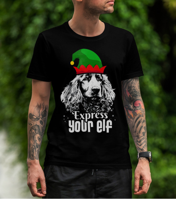 Express Your Elf English Cocker Spaniel Christmas Dog Wearing Green And Red Elf Hat T-Shirt