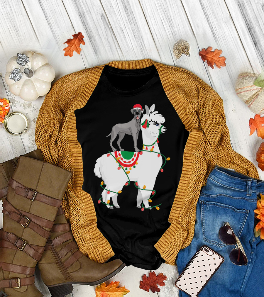 Fa La LLAMA Great Dane with Santa Hat on Llama Christmas Lights T-Shirt