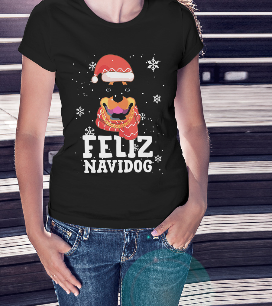 Feliz Navidog Rottweiler Christmas Santa Hat Snowflakes Ugly Sweaters T-Shirt