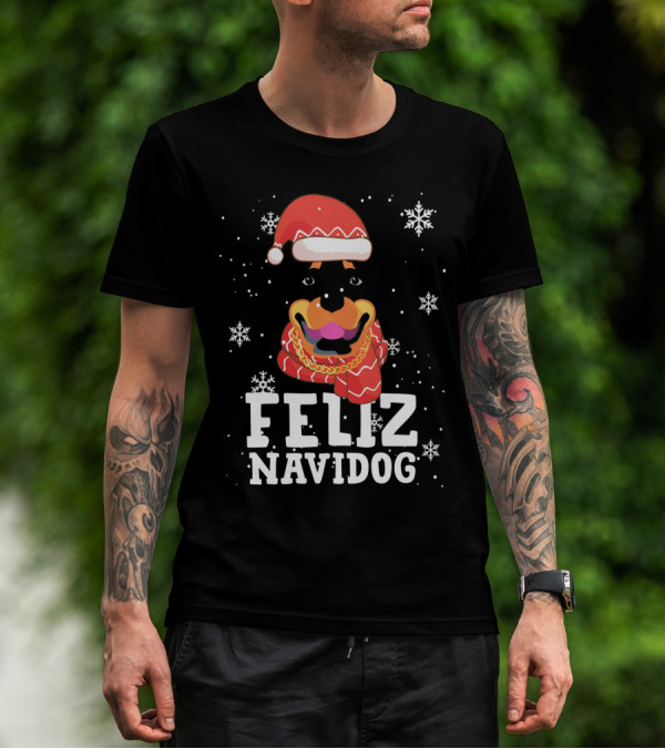 Feliz Navidog Rottweiler Christmas Santa Hat Snowflakes Ugly Sweaters T-Shirt