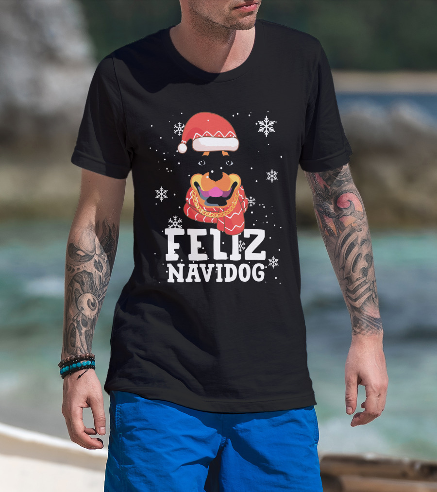 Feliz Navidog Rottweiler Christmas Santa Hat Snowflakes Ugly Sweaters T-Shirt