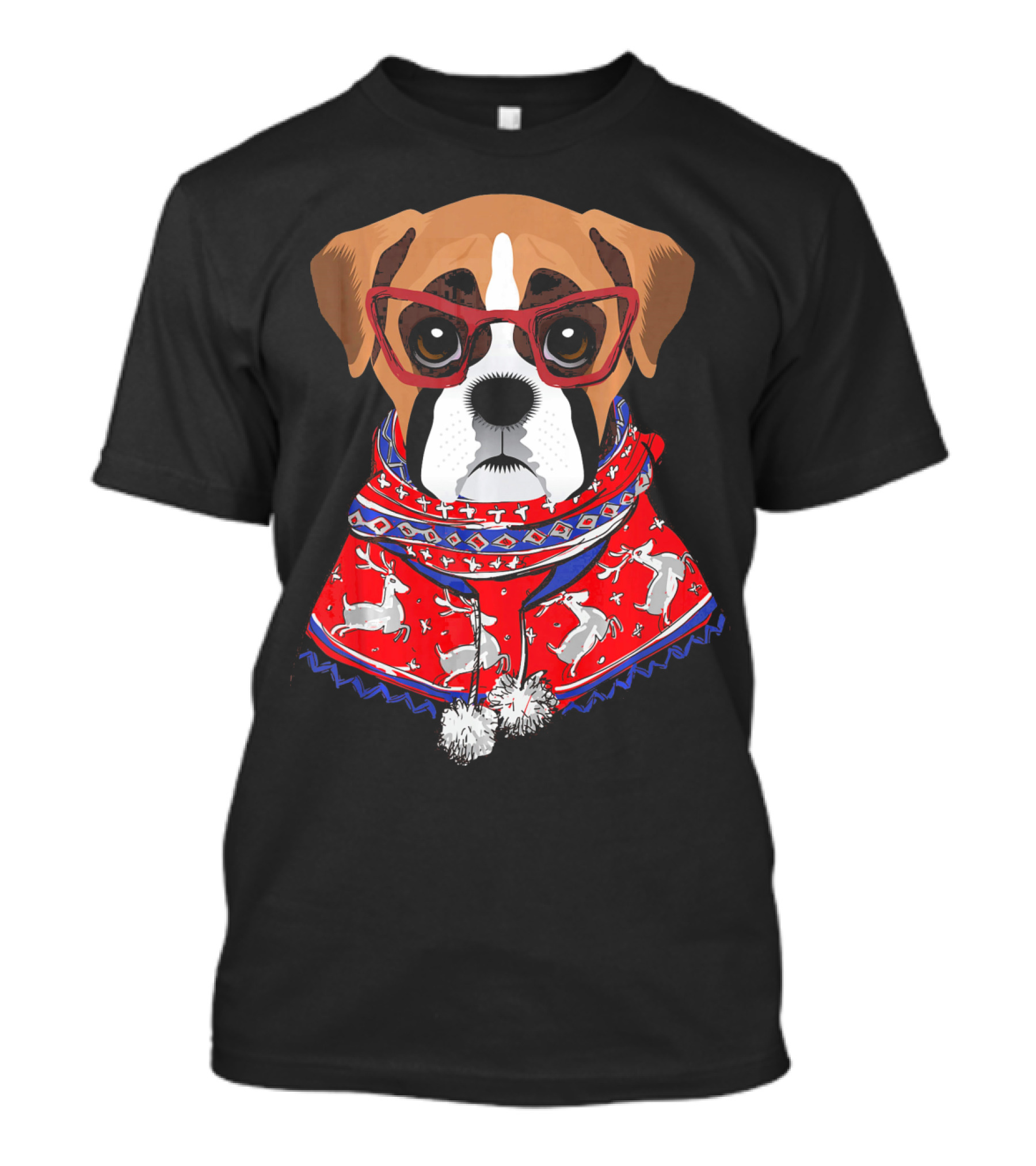 Funny Boxer Dog With Glasses In Christmas Scarf Holiday Look T-Shirt