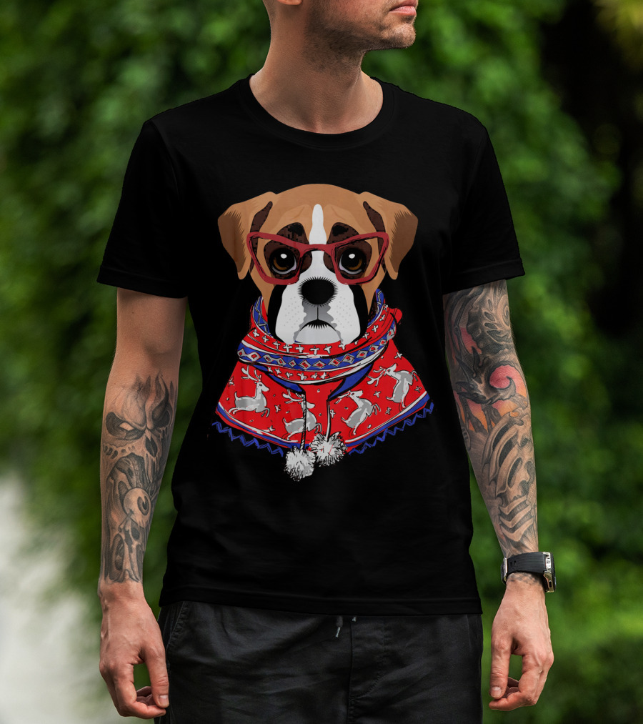 Funny Boxer Dog With Glasses In Christmas Scarf Holiday Look T-Shirt