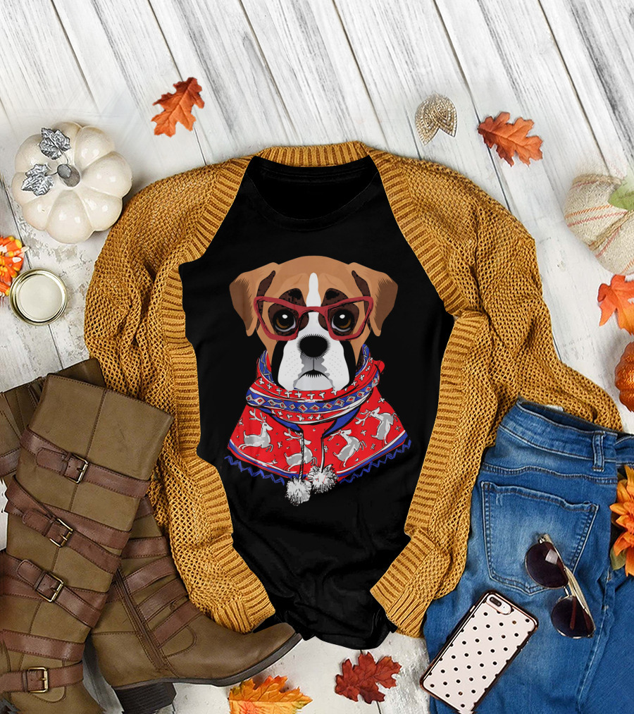 Funny Boxer Dog With Glasses In Christmas Scarf Holiday Look T-Shirt