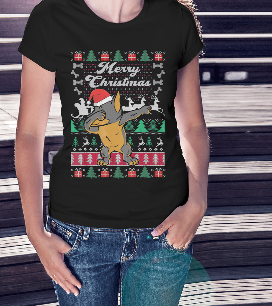 Merry Christmas Doberman Dabbing In Santa Hat With Holiday Symbols T-Shirt