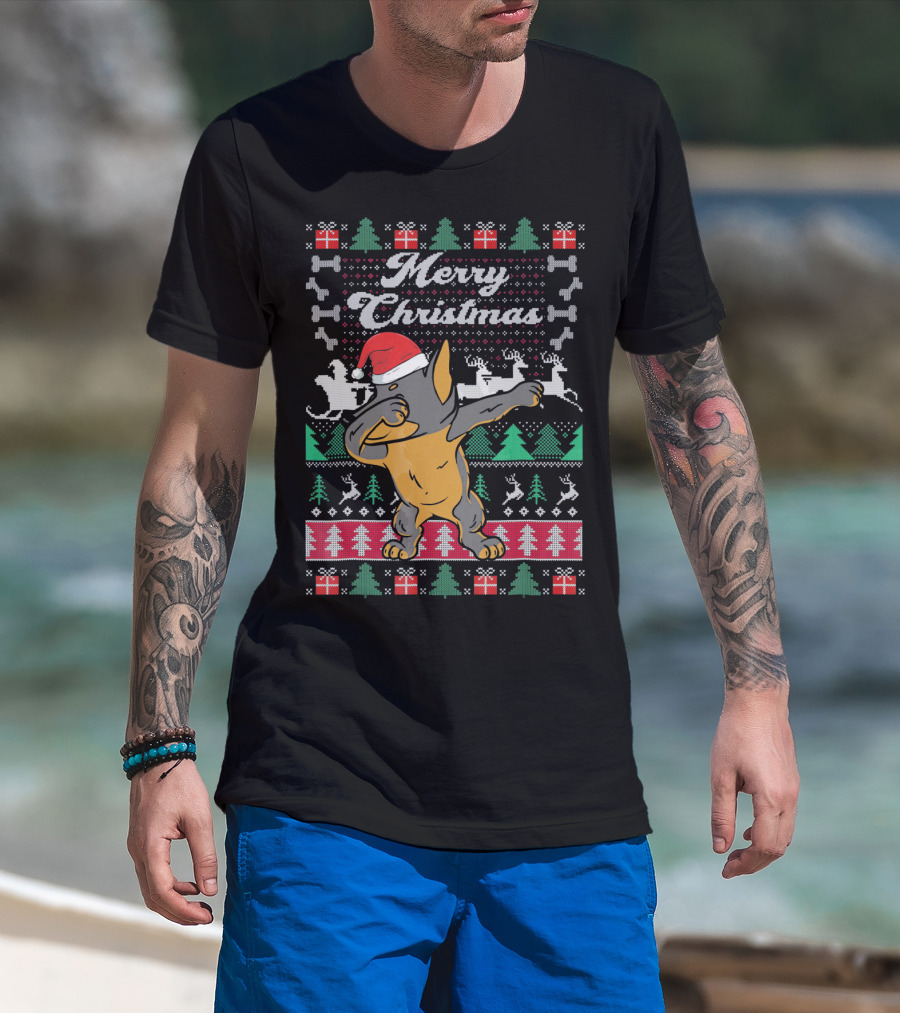 Merry Christmas Doberman Dabbing In Santa Hat With Holiday Symbols T-Shirt