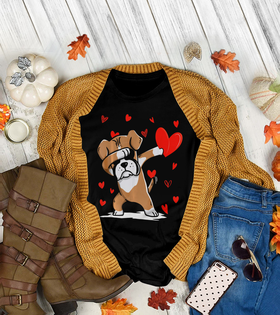 Dabbing Boxer Dog Holding Heart with Valentines Day T-Shirt
