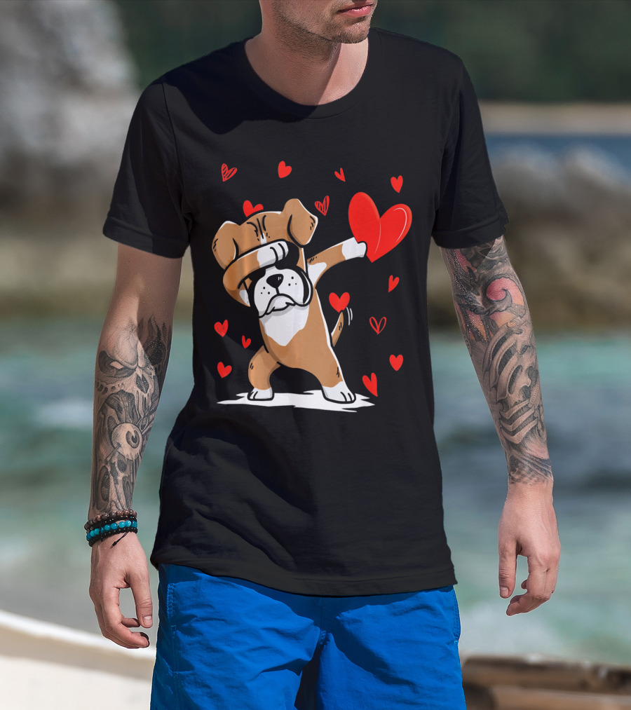 Dabbing Boxer Dog Holding Heart With Valentines Day T-Shirt