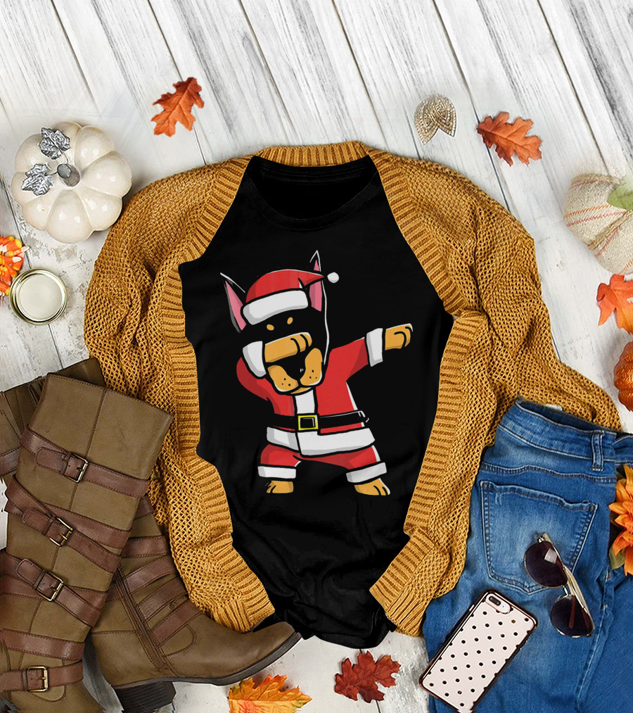 Funny Dabbing Doberman Pinscher Dog Ugly Christmas Santa T-Shirt