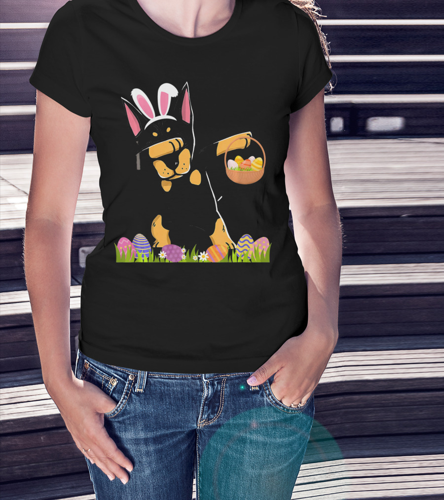 Doberman Dabbing With Bunny Ears And Easter Basket Of Eggs T-Shirt