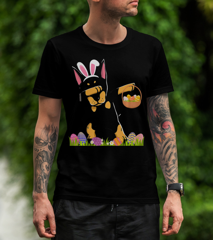 Doberman Dabbing With Bunny Ears And Easter Basket Of Eggs T-Shirt