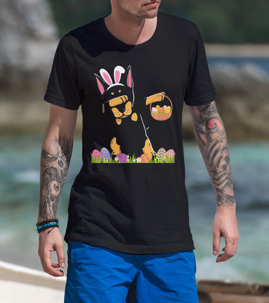 Doberman Dabbing With Bunny Ears And Easter Basket Of Eggs T-Shirt