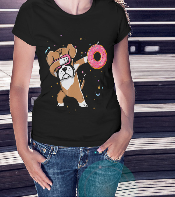 Funny Donut Day Dabbing Boxer With Sprinkled Donut In Stars And Moon T-Shirt