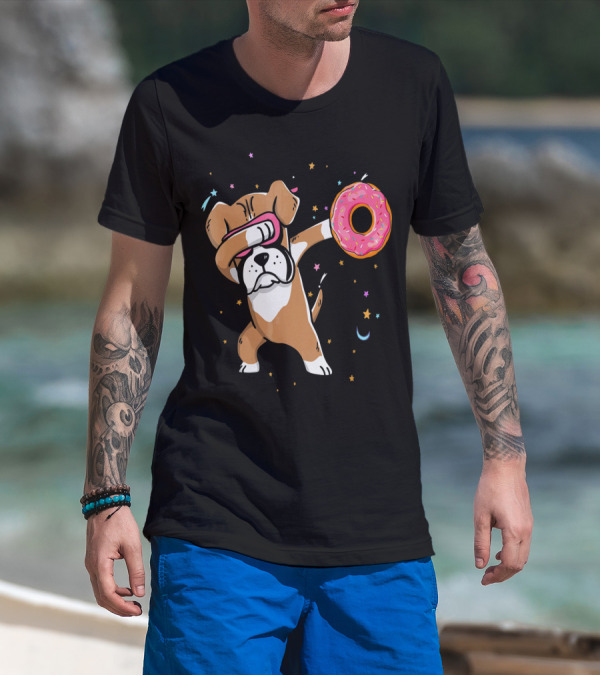 Funny Donut Day Dabbing Boxer With Sprinkled Donut In Stars And Moon T-Shirt