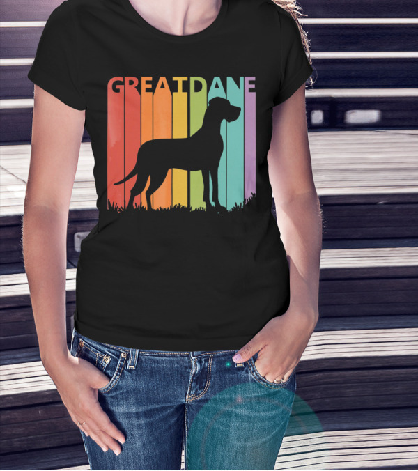 Great Dane Dog Silhouette Retro Rainbow Stripes T-Shirt