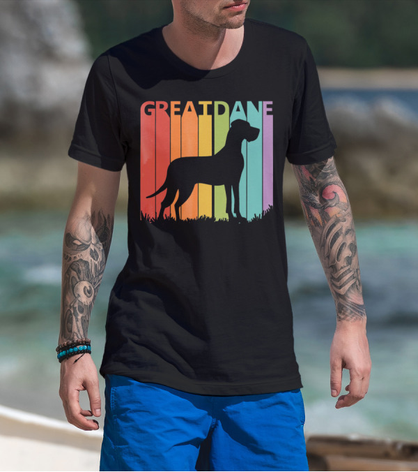 Great Dane Dog Silhouette Retro Rainbow Stripes T-Shirt