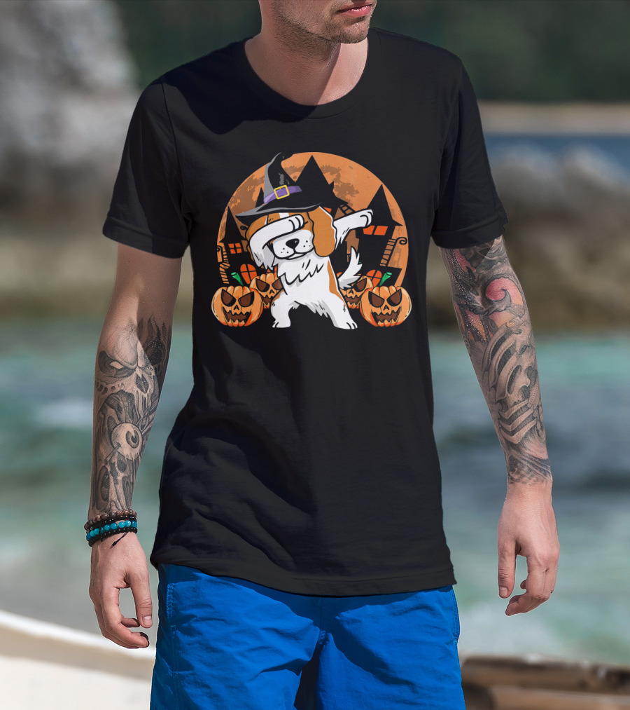 Funny Halloween Dabbing Cavalier Witch Hat Pumpkins Haunted House T-Shirt
