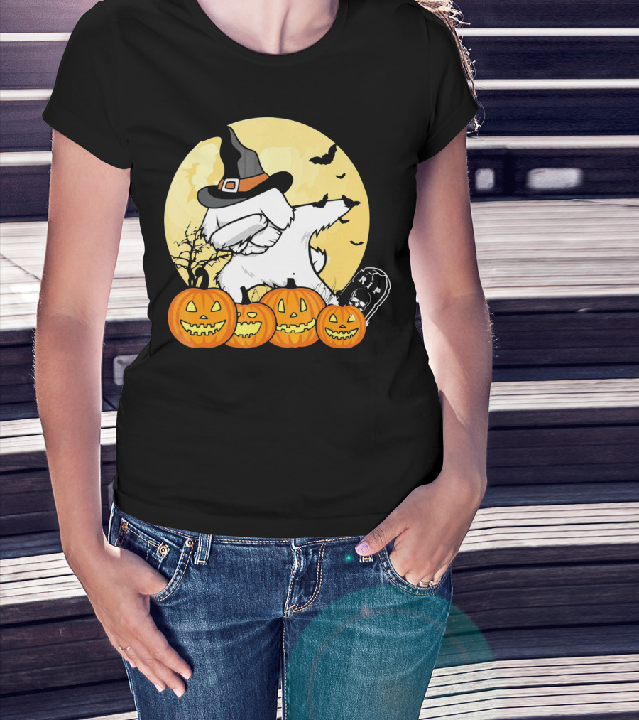 Funny Halloween Maltese Dog With Pumpkins And Witch Hat T-Shirt