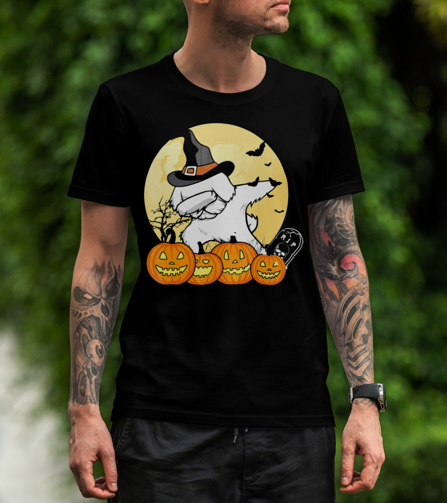 Funny Halloween Maltese Dog With Pumpkins And Witch Hat T-Shirt