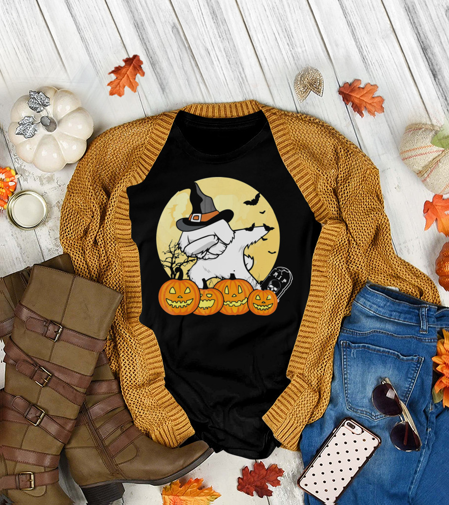 Funny Halloween Maltese Dog with Pumpkins and Witch Hat T-Shirt
