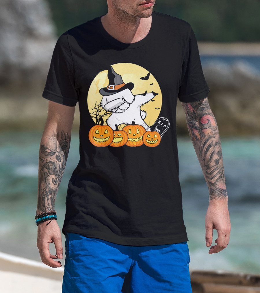 Funny Halloween Maltese Dog With Pumpkins And Witch Hat T-Shirt