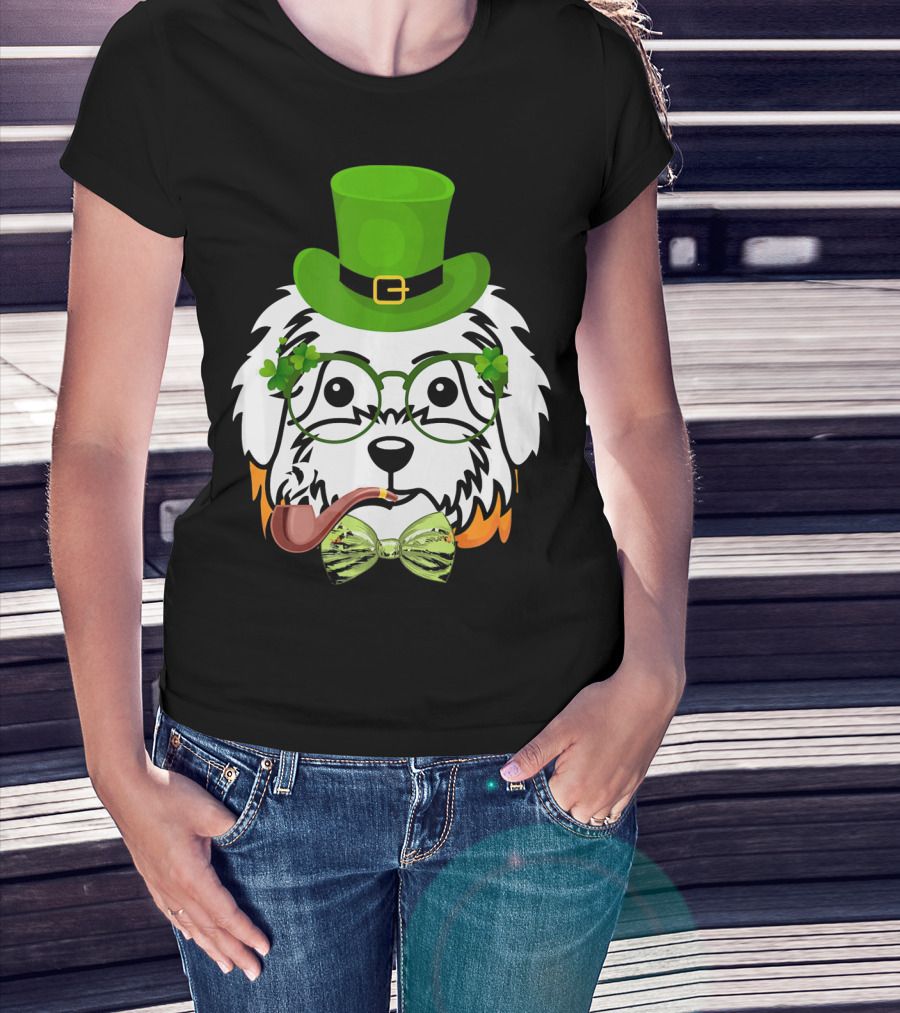 Maltese Dog In Leprechaun Hat With Pipe And Shamrocks For St Patrick's Day T-Shirt