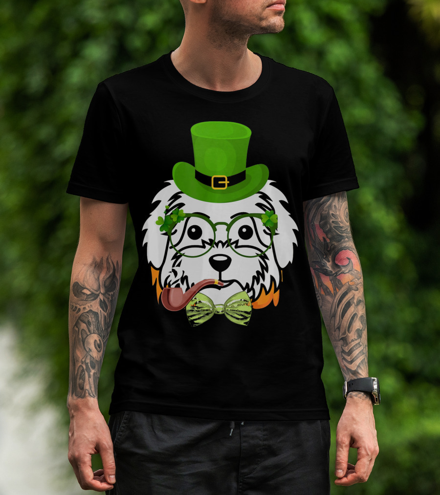 Maltese Dog In Leprechaun Hat With Pipe And Shamrocks For St Patrick's Day T-Shirt