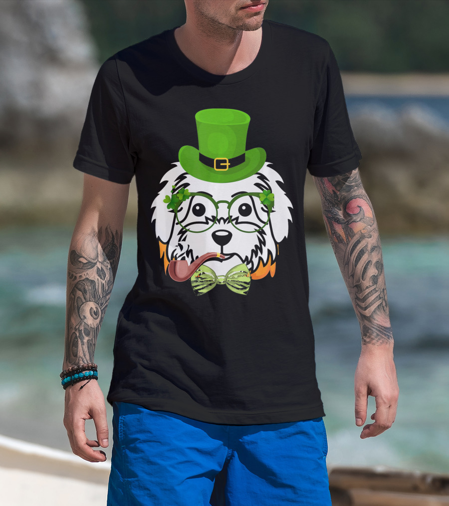 Maltese Dog In Leprechaun Hat With Pipe And Shamrocks For St Patrick's Day T-Shirt