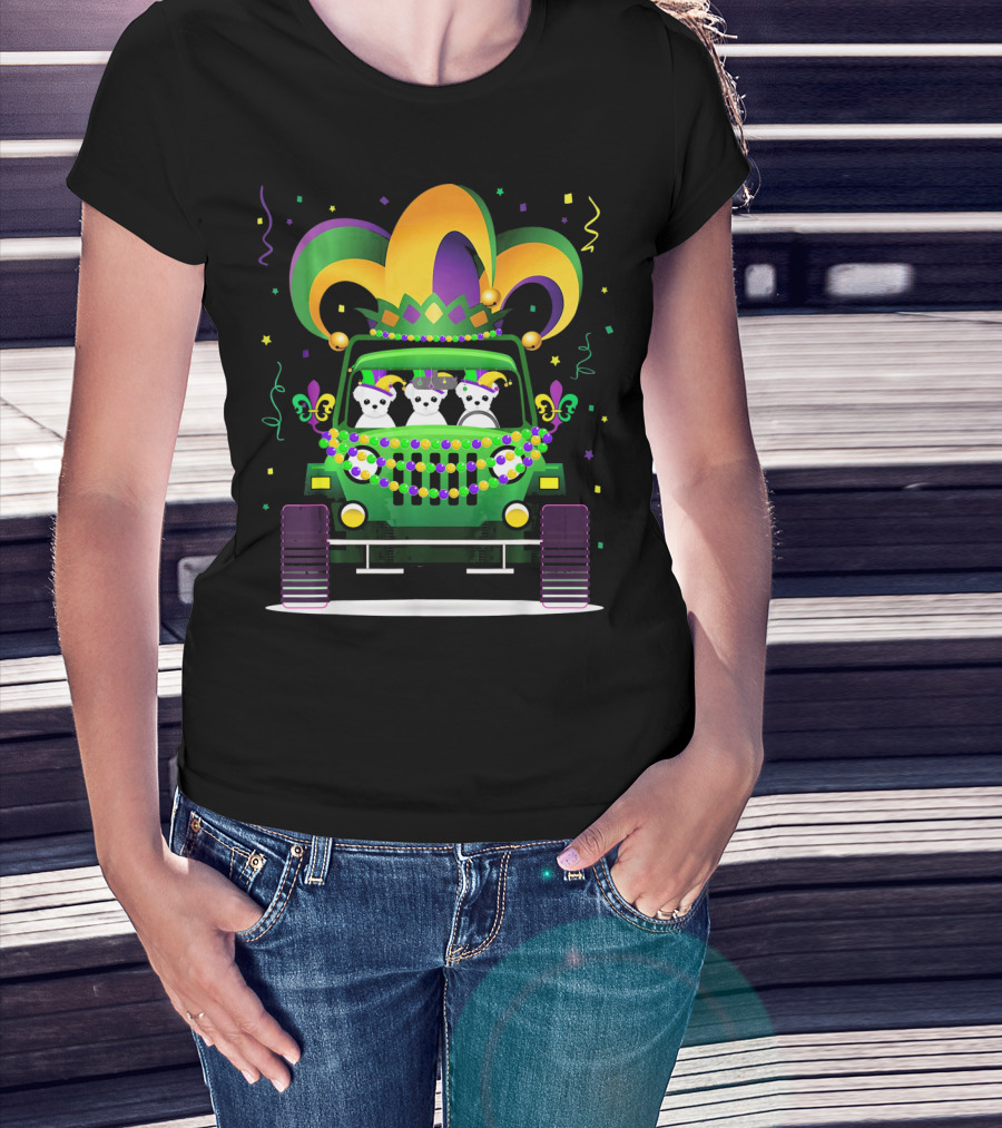 Mardi Gras Maltese Dogs Riding Jeep With Colorful Hat And Beads T-Shirt